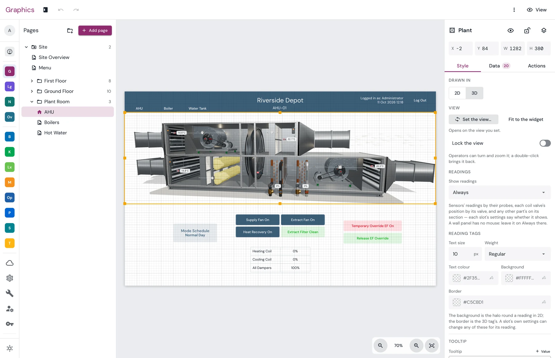 The Rio Graphics editor with an air handling unit page open: the site's pages and folders on the left, the 3D AHU selected on the page with its readings tagged, and its settings on the right, including 2D or 3D, the opening view, when readings show and how their tags look